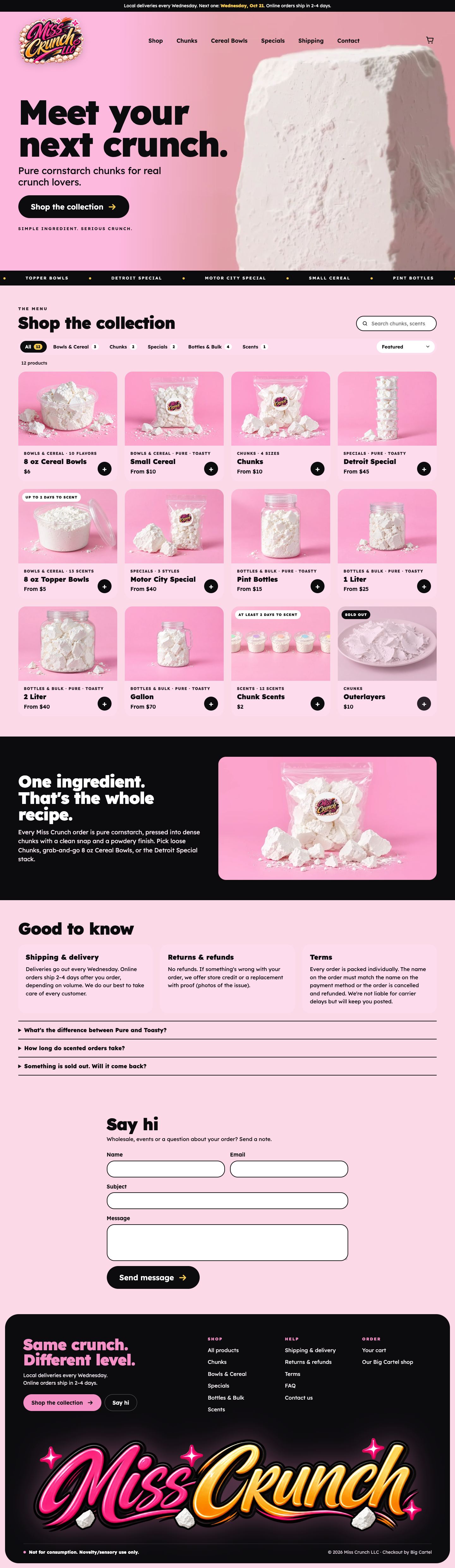Full Miss Crunch homepage, top to bottom